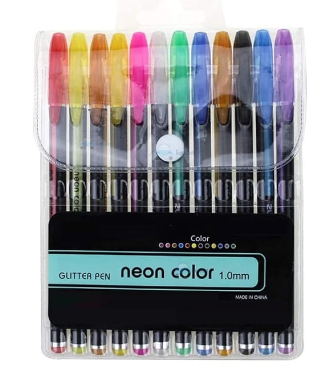 12 Colors Neon Glitter Gel Pen Set (1.0mm Tip) – Smooth Writing & Art Pens