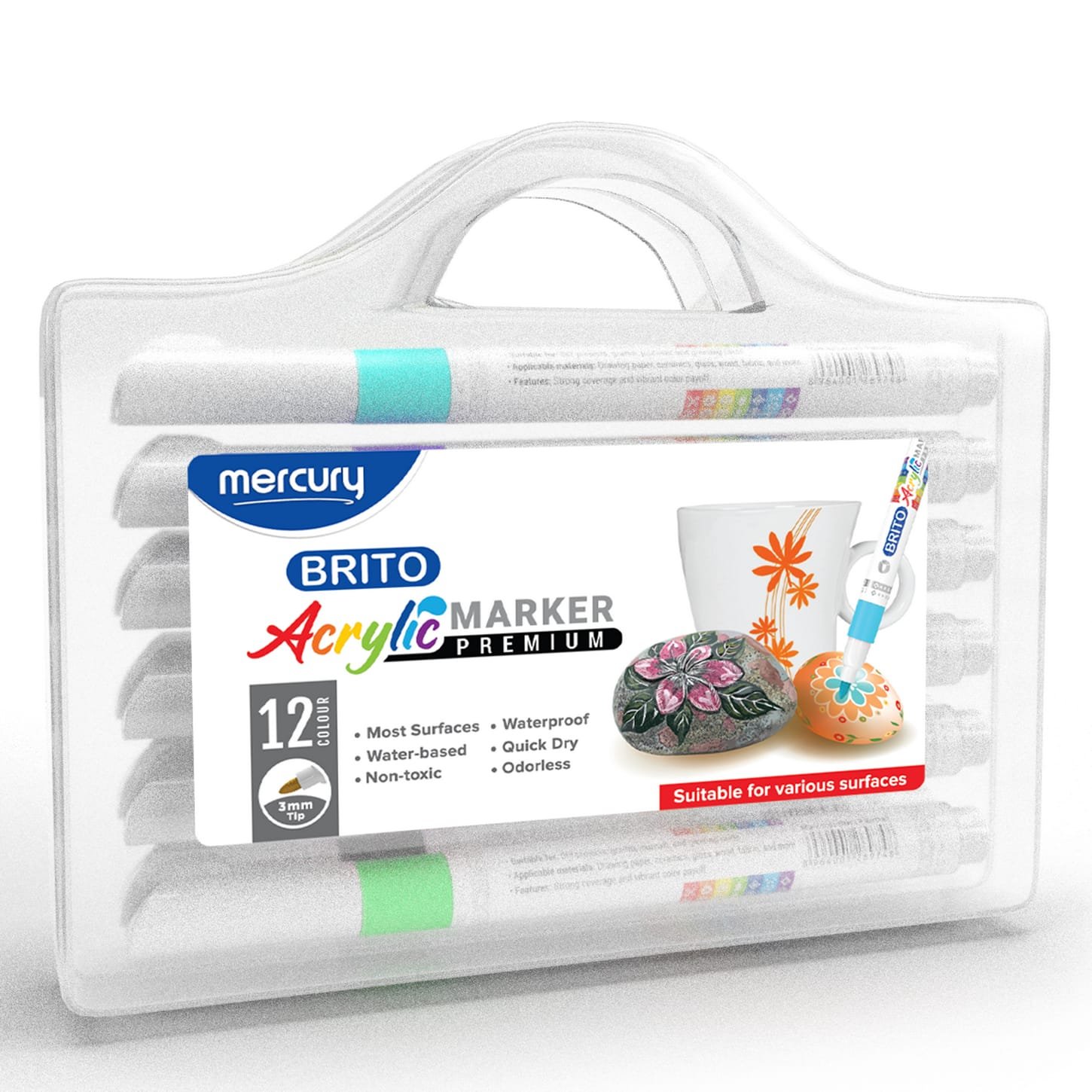 Mercury Brito Premium Acrylic Paint Markers Set – 12 Vibrant Colors, 3mm Medium Tip, Multi-Surface Waterproof Paint Pens