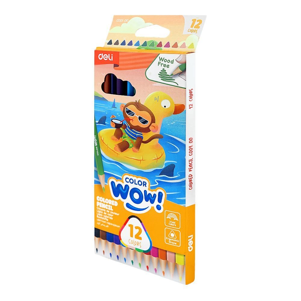 Deli Color Wow! Wood-Free Colored Pencils Set (12 Colors) – Triangular Ergonomic Barrel, Break-Resistant 