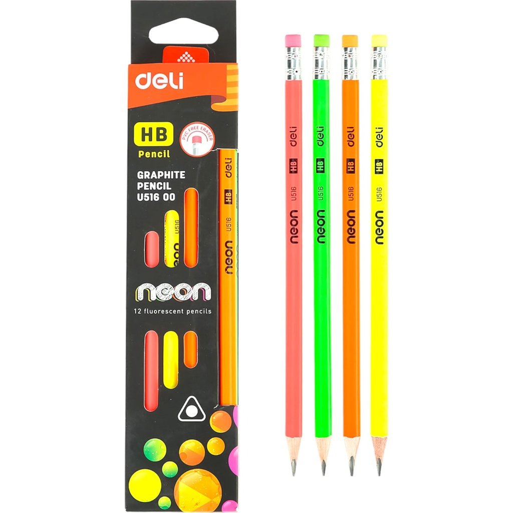 Deli Neon HB Graphite Pencils with PVC-Free Eraser (Pack of 12)